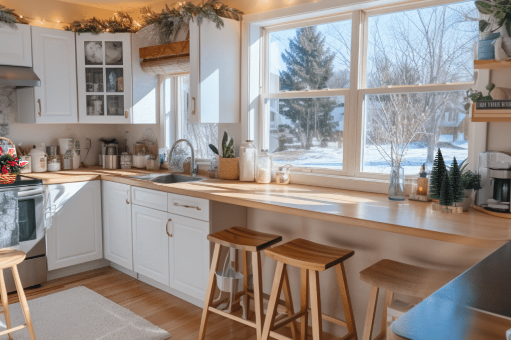Winter kitchen decor ideas with bottle brush trees