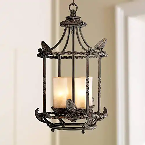 Franklin Iron Works Song Birds Wrought Iron Bronze Pendant Chandelier 13" Wide Rustic Cage Scavo Glass 4-Light Fixture for Dining Room House Foyer Kitchen Island Entryway Bedroom Living Room