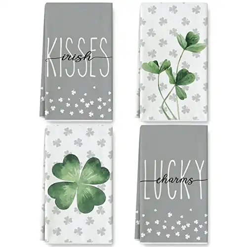 AnyDesign St. Patrick's Day Kitchen Towel Gray White Lucky Kisses Dish Towel Shamrock Clover Hand Drying Tea Towel for Cooking Baking Cleaning Wipes, 18 x 28 Inch, Set of 4