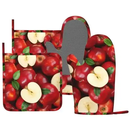 DYCBNESS Red Apples Oven Mitts Pot Holders Set Silicone Natural Tropical Fruits Leaves Kitchen Oven Mitts Heat Resistant Potholders Non-Slip 4pcs Hot Pads and Oven Gloves Sets for Baking,Cooking,BBQ