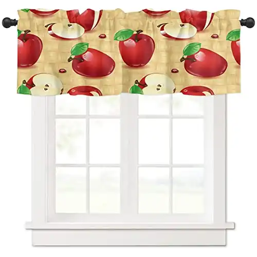 Valance Curtain for Kitchen Windows/Living Room/Bedroom/Cafe, Fresh Apple Red Ladybug Yellow Light Color Wooden Board Window Curtain Valance Rod Pocket 54 Inch by 18 Inch, 1 Pane