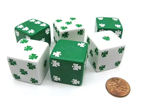 Koplow Games Pack of 6 Shamrock D6 25mm Large Jumbo Dice - 3 White and 3 Green
