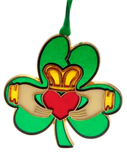 Claddagh Ornament with Friendship Loyalty Love Crown and Heart on a Shamrock Christmas Tree Decoration, 3 7/8 Inch