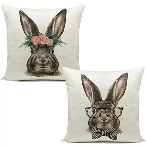 Hlonon Easter Decorations Throw Pillow Cover Set of 2 Farmhouse Decorative Pillows Rabbits Home Décor Rustic for Spring Easter (18 x 18 Inches)