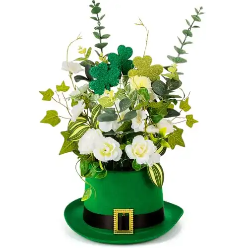 Hotop St. Patrick's Day Hat Flower Pot Set Irish Leprechaun Green High Top Hat Buckle Flower Arrangement Container Simulated Bouquet with Shamrock St. Patrick's Day Holiday Supplies