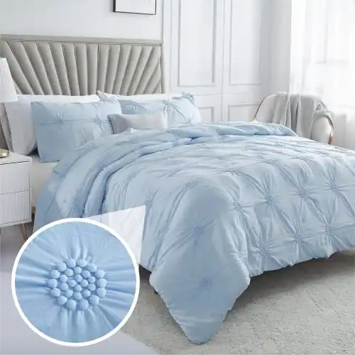 Swift Home King Cal Baby Blue 3-Piece Down Alternative Comforter Set Bedding Ruched 3D Floral Pintuck All-Season, Machine Washable