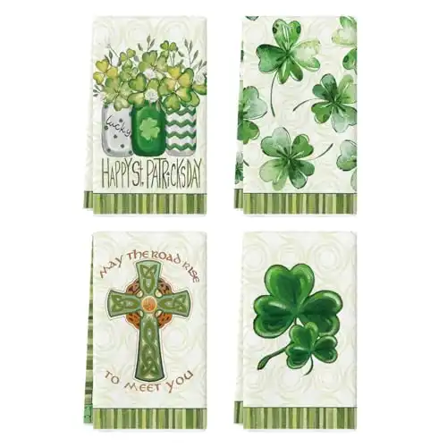 Artoid Mode Shamrock Vase Cross Happy St. Patrick's Day Kitchen Towels Dish Towels, 18x26 Inch Seasonal Spring Decoration Hand Towels Set of 4