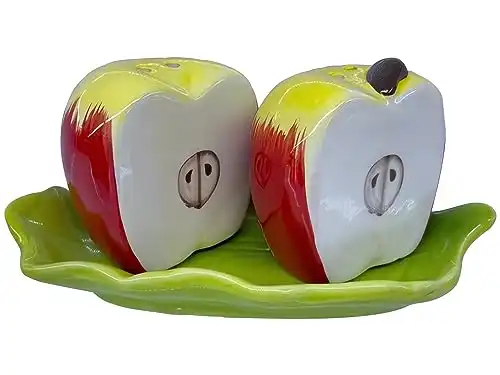 Ceramic Fruit Salt and Pepper Shakers, Set of 2 | Spice Dispenser Storage Canisters-Apple