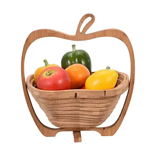AeraVida Unique Apple Shaped Bamboo Wood Folding Fruit Bowl or Basket