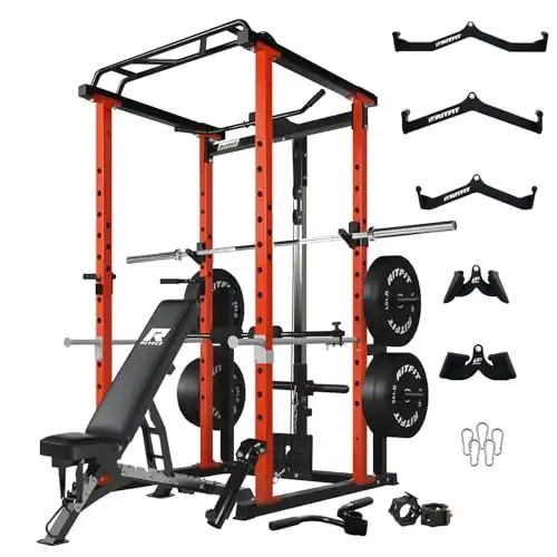 RitFit Squat Rack Power Cage Home Gym Package, Includes 1000LBS Power Rack with LAT Pull Down, Weight Bench, Rubber/Bumper Plates Set with Olympic Barbell (Package 1.6K (Bumper Plate 230LBS))-Orange