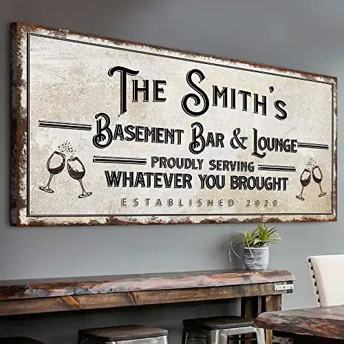 Tailored Canvases Bar Sign Custom Decor - Basement Bar and Lounge Proudly Serving Whatever You Brought - Canvas Wall Art Printable Personalized for Man Cave, Kitchen, Pub & Diner - Rustic Light, 2...
