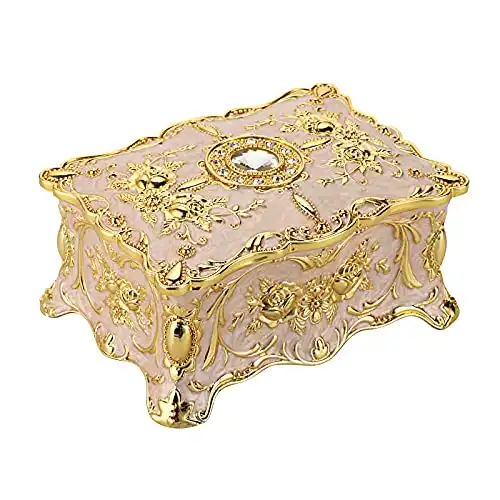 Hipiw Vintage Jewelry Organizer Box - Metal Trinket Storage Box Ornate Treasure Chest Box Jewelry Decorative box Keepsake Gift Box Case for Women Girls,4.9"x3.4"x2.7"