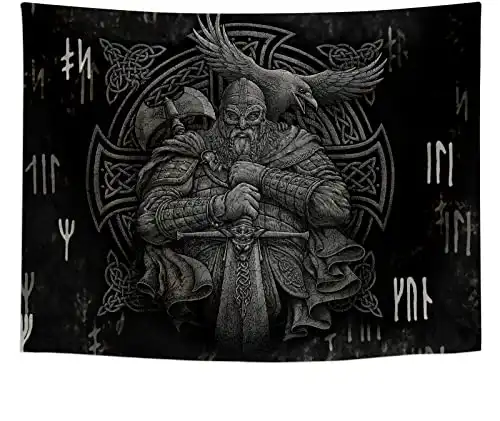ST SoleMe.Tc Norse Viking Tapestry Odin Warrior Sword Axe Raven Tapestries Square Knot Tattoo Art Wall Hanging Nordic Meditation Runes for Men Bedroom Aesthetic Room Home Decor 80" X 60"