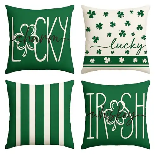 AVOIN colorlife ST Patricks Day Lucky Charm Irish Whiskey Clover Stripes Throw Pillow Covers, 18 x 18 Inch Green Shamrocks Decoration for Sofa Couch Set of 4