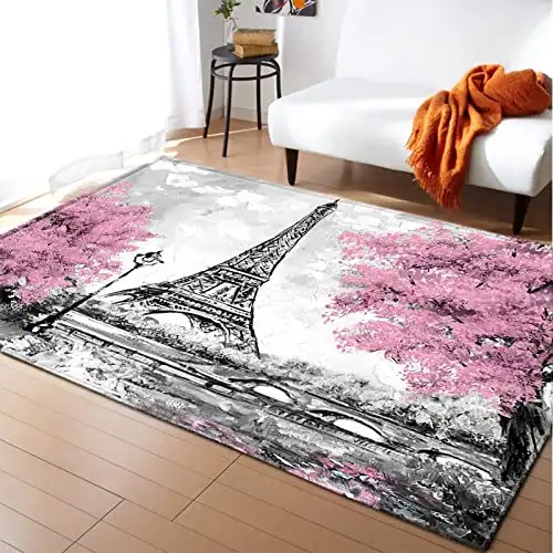 Wusan Eiffel Tower Paris Rug for Living Room Area Rugs Watercolor Frech Style City of Love Couple Bedroom Doormat Women Pink Leaf Non-Slip Carpet 35 in x 24 in (ZHDD45-2-35 in x 24 in)