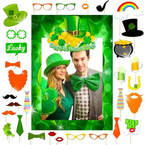 JeVenis 30 PCS St Patricks Day Photo Booth Props Frame Fun Selfie Photoshoot Irish Shamrock Party Decoration Supplies Gifts for Photography Green Dress up Favors Accessories