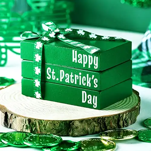 Blulu St Patrick's Day Tiered Tray Decor Farmhouse Shamrocks Tiered Tray Signs Green Book Block Bundles Decor Wooden Books Decor Table Decor with Bow for Saint Patrick's Day