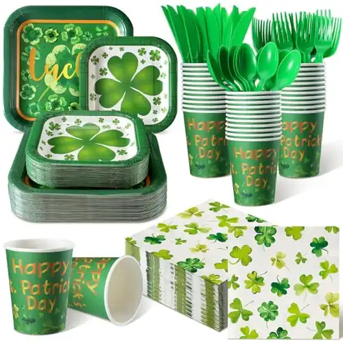 Suttmin 350PCS St Patrick's Day Party Supplies Tableware Set Green Shamrock Dinnerware Set Serve for 50 Guest Lucky Clover Paper Plates Napkins Cups Green Knife Forks Spoon for St. Patrick's...