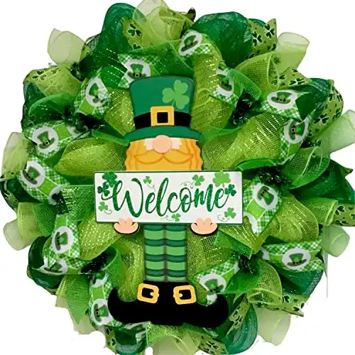 St Patrick's Day Welcome Leprechaun Wreath Handmade Deco Mesh