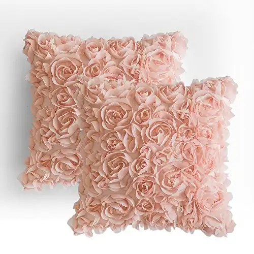 MIULEE Pack of 2 3D Decorative Spring Romantic Stereo Chiffon Rose Flower Pillow Cover Solid Square Pillowcase for Sofa Bedroom Car 16x16 Inch 40x40 Cm Peach Pink Wedding Gifts Valentines Day