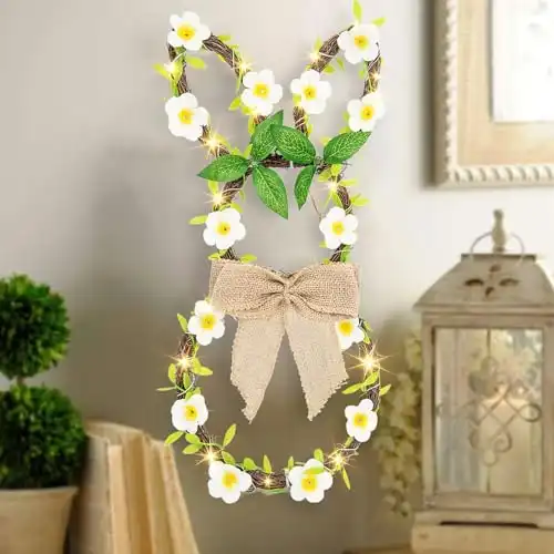 EAMBRITE Easter Bunny Wreaths for Front Door with Linen Bow Easter Decorations Battery Operated Timer, Lighted Easter Wreath with 25 LED Lights for Spring Wall Window Home Indoor Outdoor Decor(17.5”...