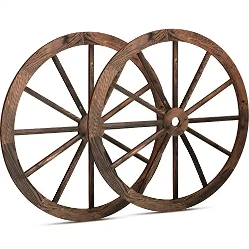 2 Pcs Wagon Wheel Decor Wooden Western Cowboy Party Decorations Vintage Rustic Wagon Wheel Wood Cartwheel Decor for Bar Garage Indoor Outdoor (Brown,12 Inch)