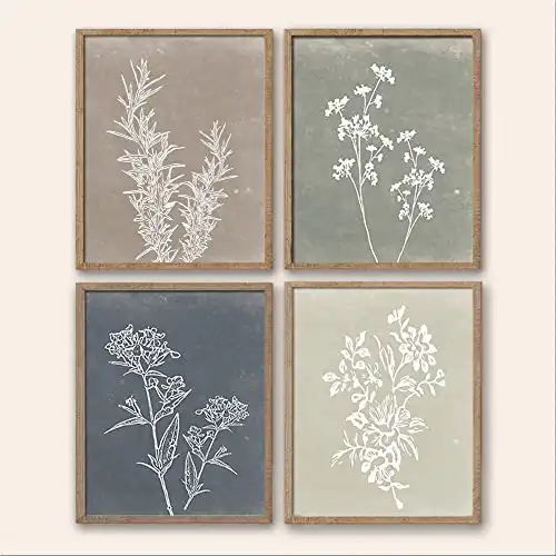 Framed Boho Wall Art Set of 4 for Wooded Minimalist Botanical Print Wall Art for Rustic Vintage Farmhouse Home Kitchen Wall Decor (Brown, 11×14)