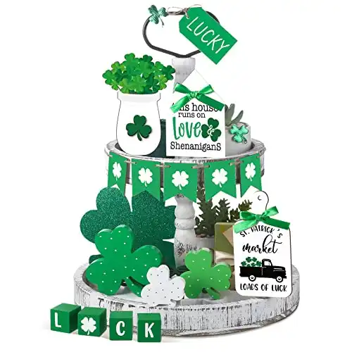 15 Pcs St. Patrick's Day Tiered Tray Decor Set, Table Top Decor Farmhouse Wooden Block Signs Decor for Home Kitchen Decorations