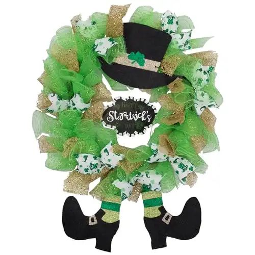 Happy St. Patrick's Day Ribbon Wreath with Leprechaun Hat, 24-Inch