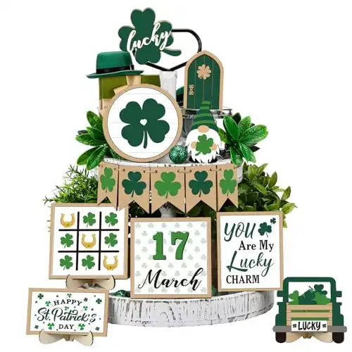 Anglechic 14 Pcs St. Patrick's Day Tiered Tray Decor St. Patrick's Day Wooden Signs Green Shamrock Truck Gnome Rustic Farmhouse Decor shamrock Party Table Centerpiece for Home Tabletop Decor...