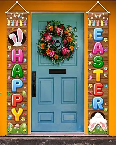 Easter Party Supplies-Happy Easter Porch Sign Banner,2PCS Hello Peeps Front Door Welcome Banner for Spring Theme Easter Bunny Door Decoration (Porch)