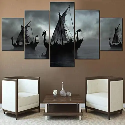 Norse Decor Black and White Painting Vikings Ship Artwork Fantasy Sailing Boat Pictures for Living Room Home 5 Panel Dragon Canvas Wall Art Modern Framed Ready to Hang Posters and Prints(60''...