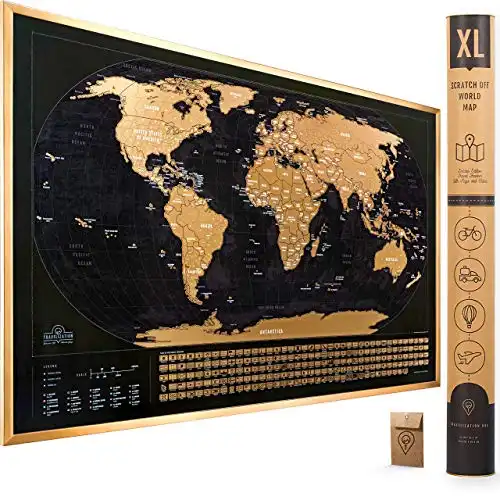 XL Scratch Off Map of The World with Flags - 36 x 24 Easy to Frame Scratch Off World Map Wall Art Poster with US States & Flags - Deluxe World Map Scratch Off Travel Map Designed for Travelers