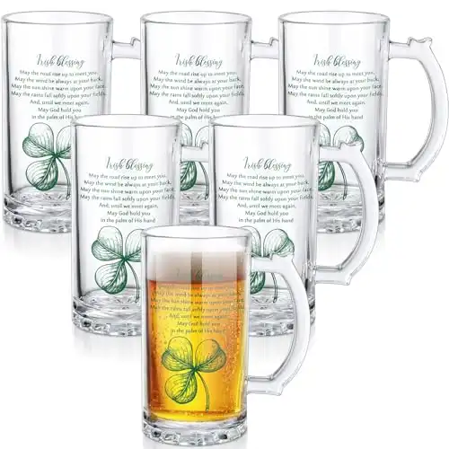 SiliFine 6 Pack St. Patrick's Day Clover Gifts 15 oz Handle Cups Beer Glass Cup Luck Gift Irish Blessing Coffee Beer Mugs Shamrock Sign for Patrick Day Irish Party Supplies Favors for Men Women