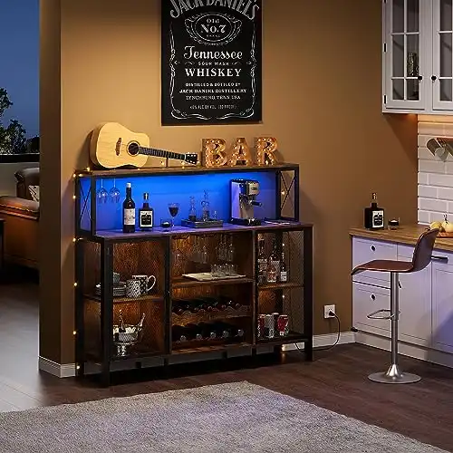 WASAGUN Bar Cabinet, Wine Bar Cabinet, Home Corner Bar Cabinet, Wine Bar Cabinet with Power Outlet, Bar Wine Cabinet with RGB LED Lights for Dining Living Room Kitchen, Beige