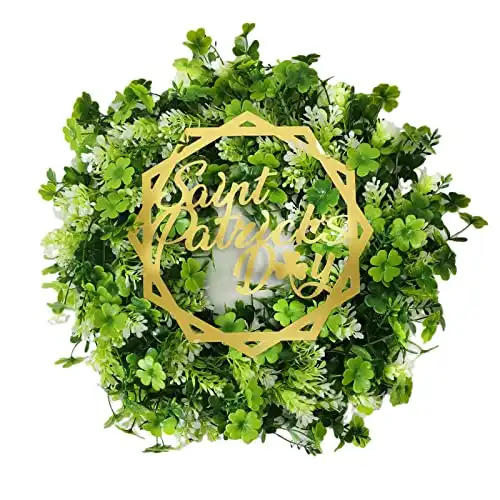 17" St Patricks Day Wreath Decorations, Artificial Green Lucky Shamrock Wreaths for Front Door, Four Leaf Clover Spring Wreath, for Holiday Home Wall Porch Outdoor Indoor Farmhouse Decor