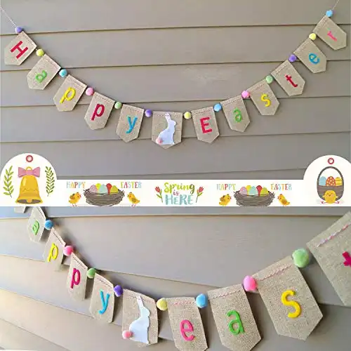 Happy Easter Burlap Banner Decorations, Happy Easter Garland, Easter Decor, Easter Bunting, Easter Bunny Sign, Farmhouse Banner, Easter Decorations For Mantle,Easter Bunny Banner Gift for Kids …