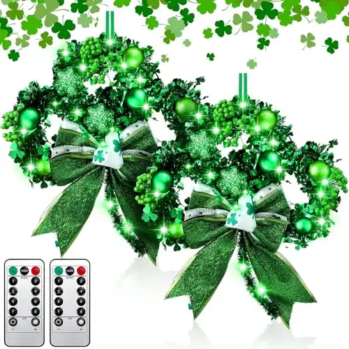 Liliful 2 Set St Patrick Day Wreath with Green Lights Green Clover Lighted Wreath St. Patrick Artificial Wreath Irish Wreath with Remote Control for St Patrick Door Decor (Clover Style)