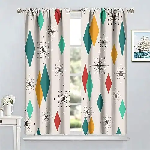 Mid-Century Blackout Curtains, Modern Diamond Pattern Print Window Treatments for Livingroom Bedroom Nursery Kitchen, Absctract Geometric Retro 1950S 1960S Drapes 2 Panel Sets,42x63 Inch