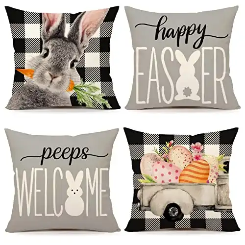 Easter Pillow Covers 18x18 Set of 4 Easter Decorations for Spring Farmhouse Pillows Easter Decorative Throw Pillows Buffalo Plaid Bunny Eggs Welcome Peeps Throw Cushion Case for Home Decor TH163