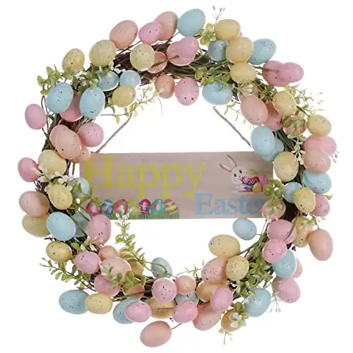 JINGHONG Easter Wreaths for Front Door,15 Inch Artificial Easter Egg Wreath with Happy Easter Sign Colorful Easter Egg Decorations for Easter Front Door Home Decor(Multicolor_2nd)