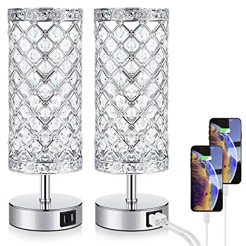 Touch Control Crystal Table Lamp Set of 2 Bedside Nightstand Lamps with 2 USB Charging Ports, 3-Way Dimmable, K9 Crystal Decorative Desk Lamp for Bedroom, Girls Guest Room, Living Room, Bulbs Include...