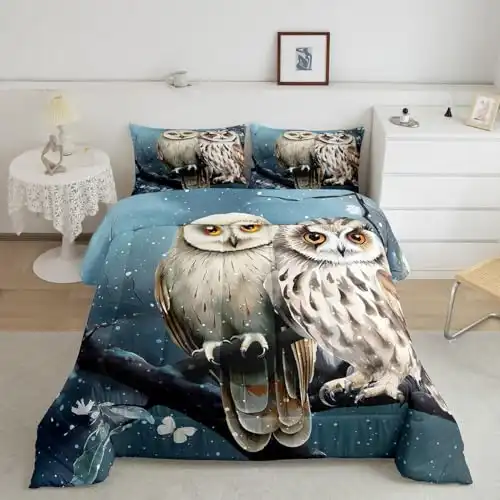 Feelyou Owl Bedding Set for Girls Boys Children 3D Animal Printed Comforter Set Decorative Bird Decor Comforter Cartoon Owls Design Duvet Set Queen Size Quilt Set