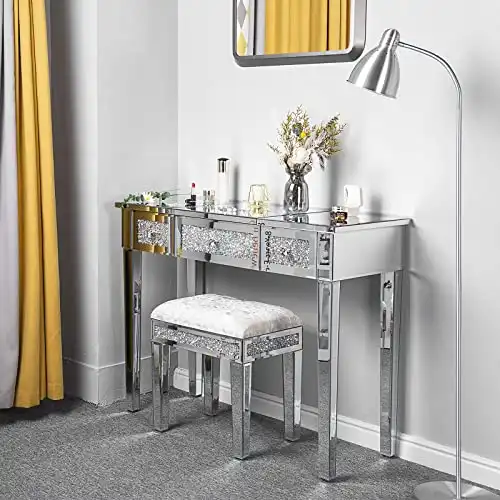 VINGLI Mirrored Vanity Desk with Drawers Bedroom Makeup Vanity Table Set with Mirror and Stool Flip Up Dressing Table for Bedroom/Makeup Room, Silver