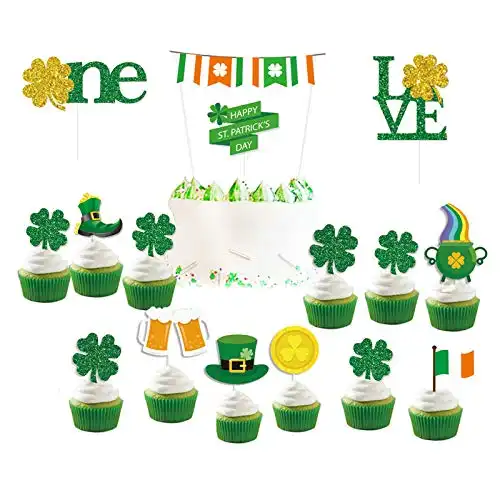 St Patrick's Day Dessert Cupcake Toppers, Saint Patty's Day 16 Pcs Glitter Green Gold Irish Theme Cake Toppers Decorations Food Picks Clear Treat Picks for Irish Shamrock Theme Party Favor S...