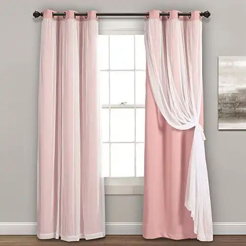 Lush Decor Sheer Grommet Curtains With Insulated Blackout Lining, Window Curtain Panels, Pair, 38"W x 84"L, Pink - Curtain With Sheer Overlay, Elegant Blackout Curtains for Bedroom