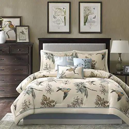 Madison Park Quincy Cozy Comforter Nature Scenery Design - All Season Bedding, Matching Bed Skirt, Decorative Pillows, Quincy, Leaf & Bird Khaki King(104"x92") 7 Piece