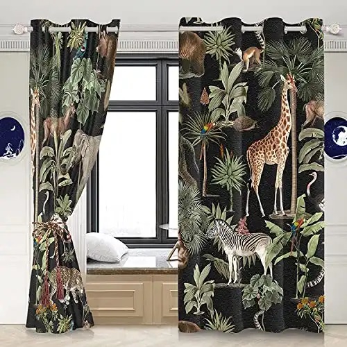 Yeele Safari Animal Curtains, Jungle Wildlife World Animal Window Curtain Panels Wild Safari Animal 3D Print Grommet Blackout Window Treatments for Bedroom Living Room 2 Panels 42.13x84inches