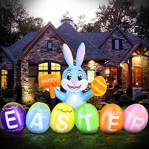 Domkom 6FT Easter Inflatable Bunny Outdoor Decorations with Eggs, Build-in LED Lights Holiday Blow Up Yard Decoration, for Easter Holiday Party, Outdoor,Garden, Yard Lawn Décor