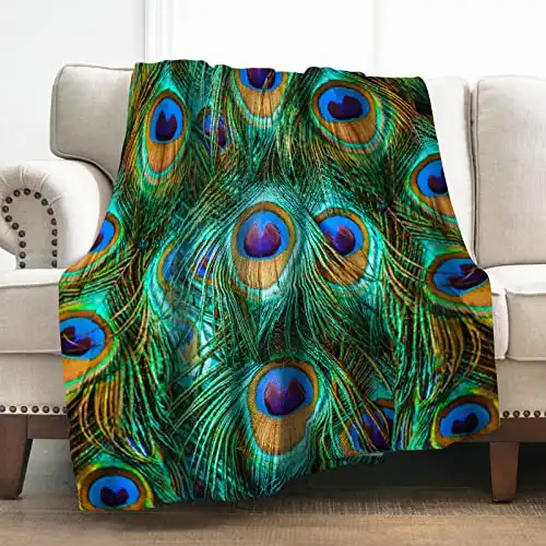 Levens Peacock Feathers Blanket Gifts for Girls Women Men Decor for Home Bedroom Living Room Sofa Office, Soft Cozy Fuzzy Lightweight Throw Plush Blankets Green 50"x60"